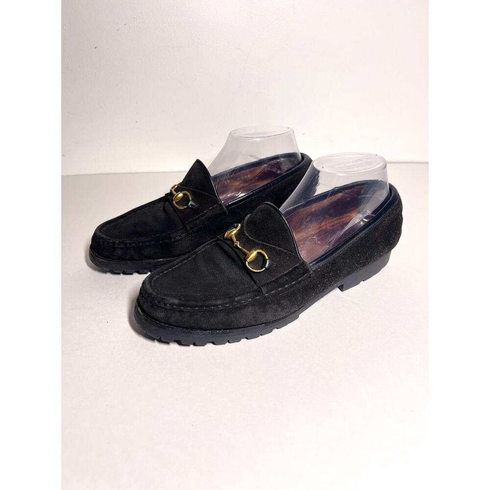 Gucci Women's Dark Brown Suede Lug Sole Horsebit Slip On Loafer Shoe Size 9 B - Picture 1 of 9